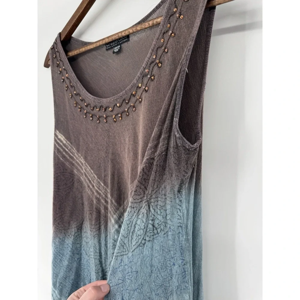 Greater Good Tank Midi Dress One Size Blue Brown Scoop Neck Beaded cover up boho